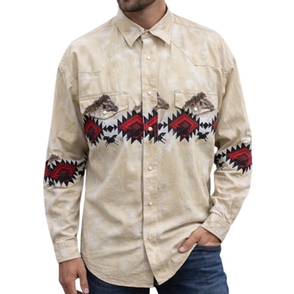 Wrangler Men's Collared Long Sleeve Western Cowboy Horse Pearl Snap Shirt Size L